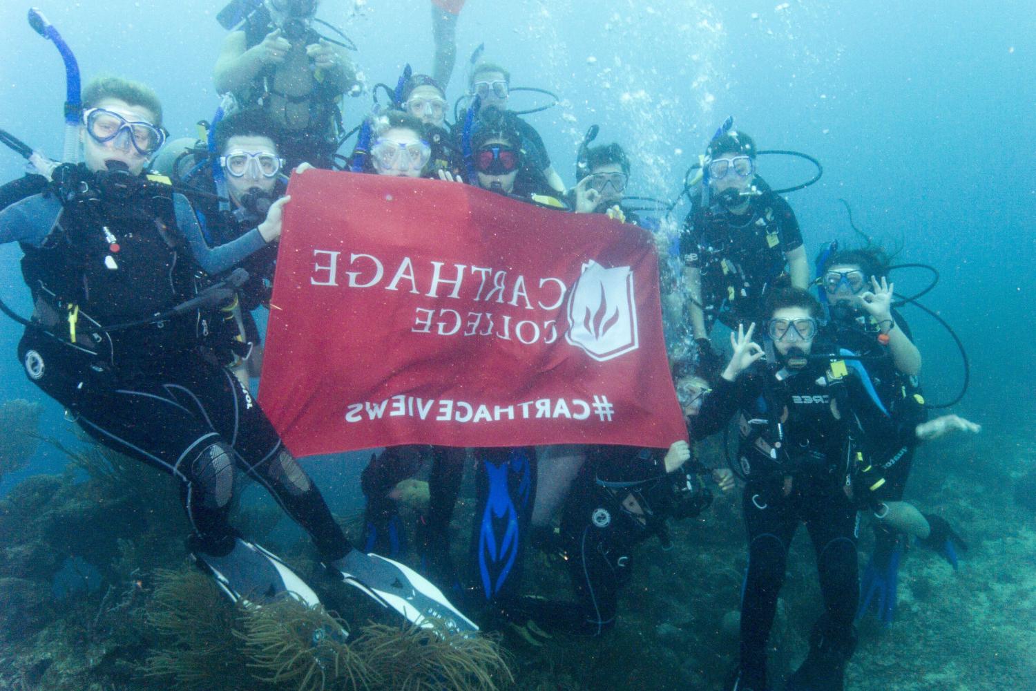 学生们手持<a href='http://rklp.ngskmc-eis.net'>bv伟德ios下载</a>旗帜，在j学期洪都拉斯游学之旅中潜水.